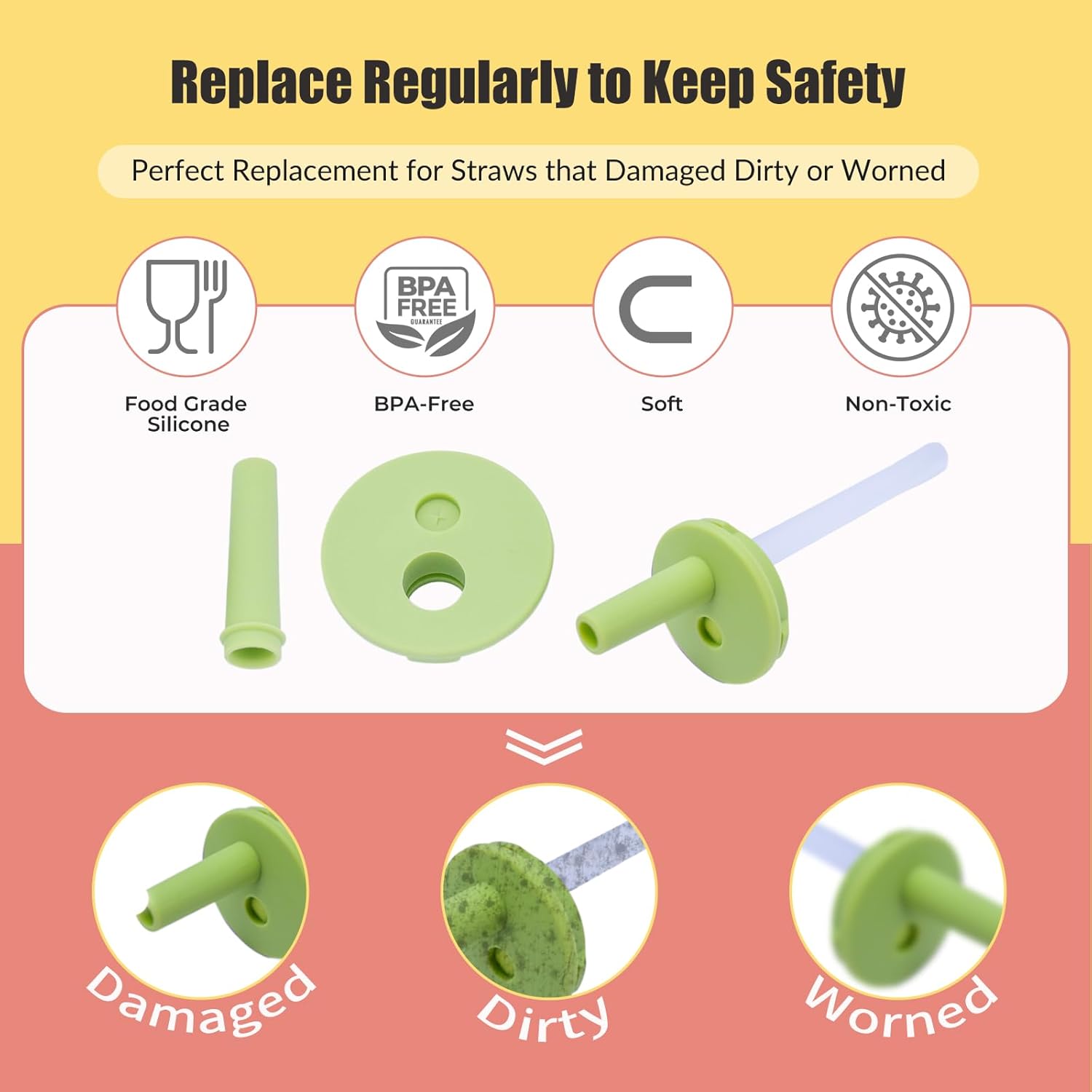 2Pack Silicone Straw Replacement for Owala Water Bottle & Tumbler,Leak-Proof Food Grade Kids Straw,Removable Replacement Lid Part,Dish Washer Safe,Make Kids Love Driking - Image 3