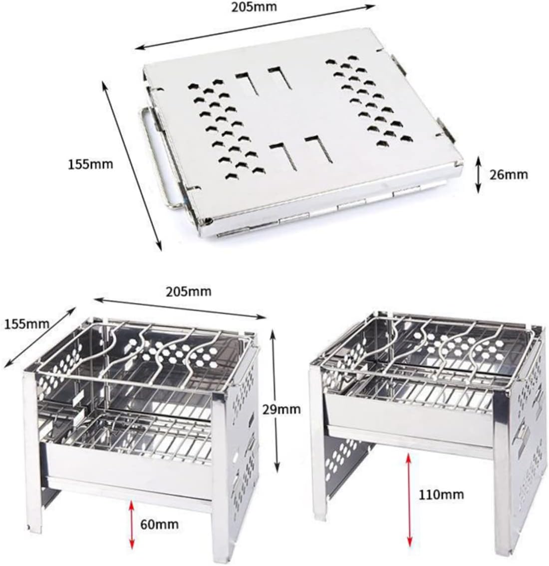 POPETPOP 1Pc Portable Stainless Steel Burning Stove Collapsible Barbecue Grill for Outdoor Camping Picnics Cookware Durable Efficient Airflow Design Silver