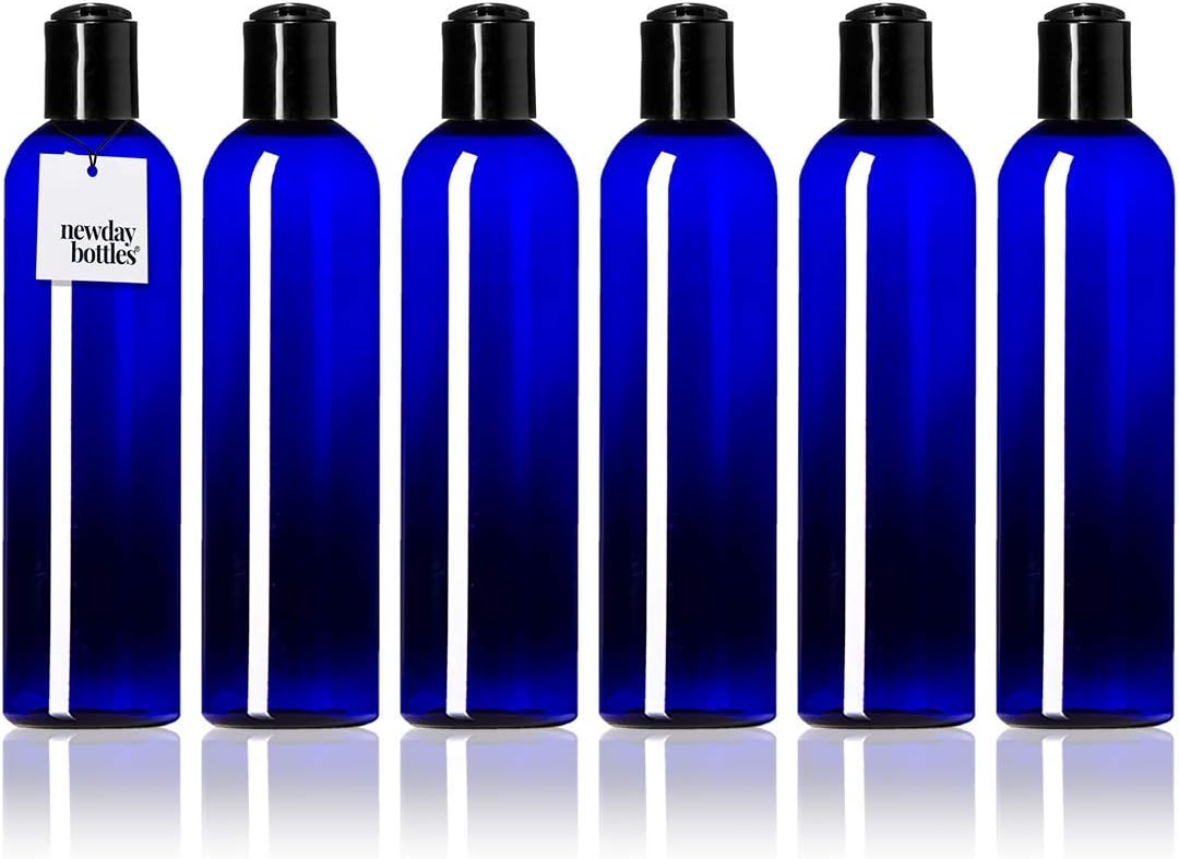 Newday Bottles, 8 oz Empty Plastic Bottles BPA-Free with Disc Top Cap Lids Refillable Containers with Black Cap (Blue with Black Cap)