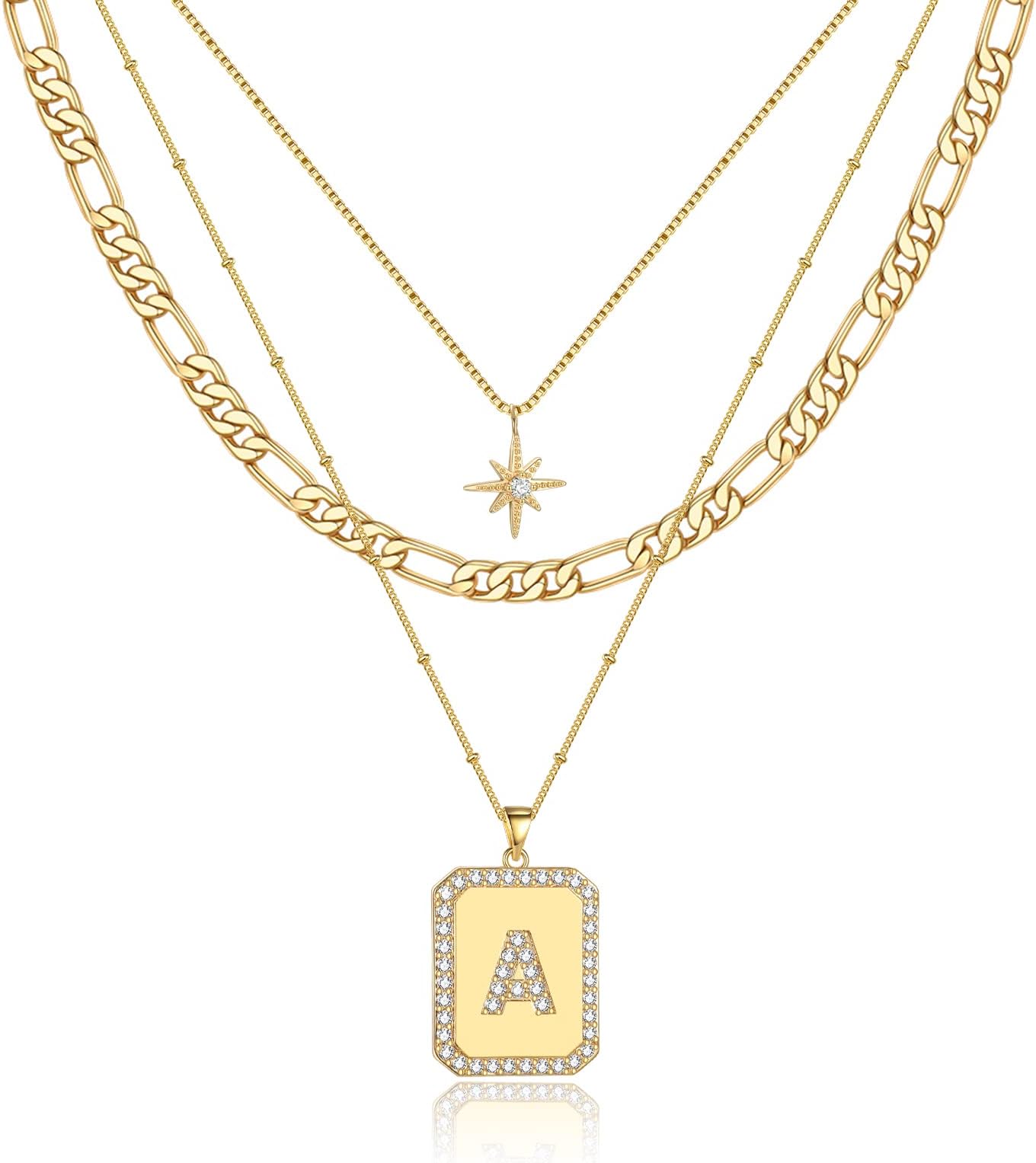 MJartoriaLayered Initial Necklaces for Women Trendy, 14K Gold Plated Simple Star Choker Square Letter Pendant Necklace, Figaro Chain Gold Necklaces Jewelry Gifts