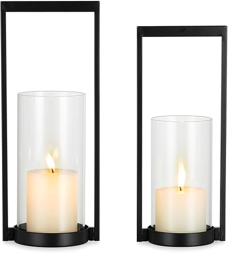 Sziqiqi Hurricane Candle Holder for Pillar: Black Modern Candle Holders for Table Centerpiece - Geometric Candle Stand Set of 2 with Glass for