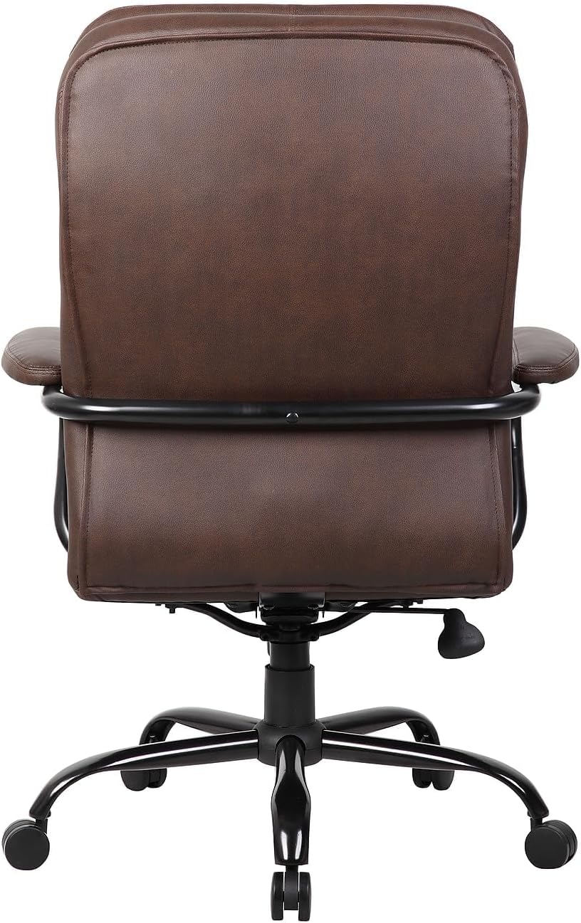 BOWERY HILL Big Man’s Faux Leather Office Chair, Bomber Brown Finish, Adjustable Seat Height, Heavy Duty Spring Tilt Mechanism, 27" Brushed Metal Base, Weight Capacity 350 lbs, Upholstered Chair for