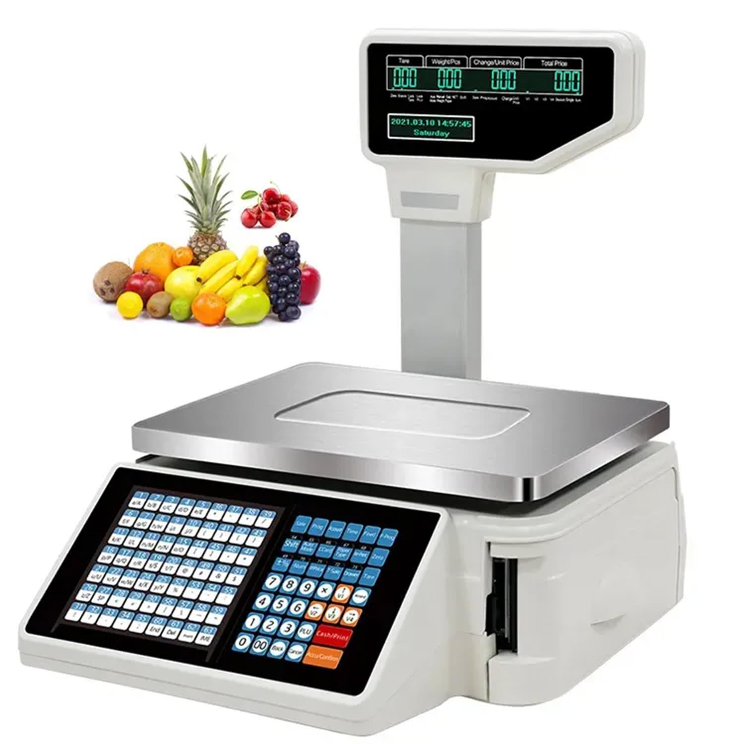 Wagi do drukowania etykiet, cyfrowe wagi do kodów kreskowych, podwójny wyświetlacz z przodu z tyłu, 63 skrótów do ważenia w supermarkecie/sklepie detalicznym (C)