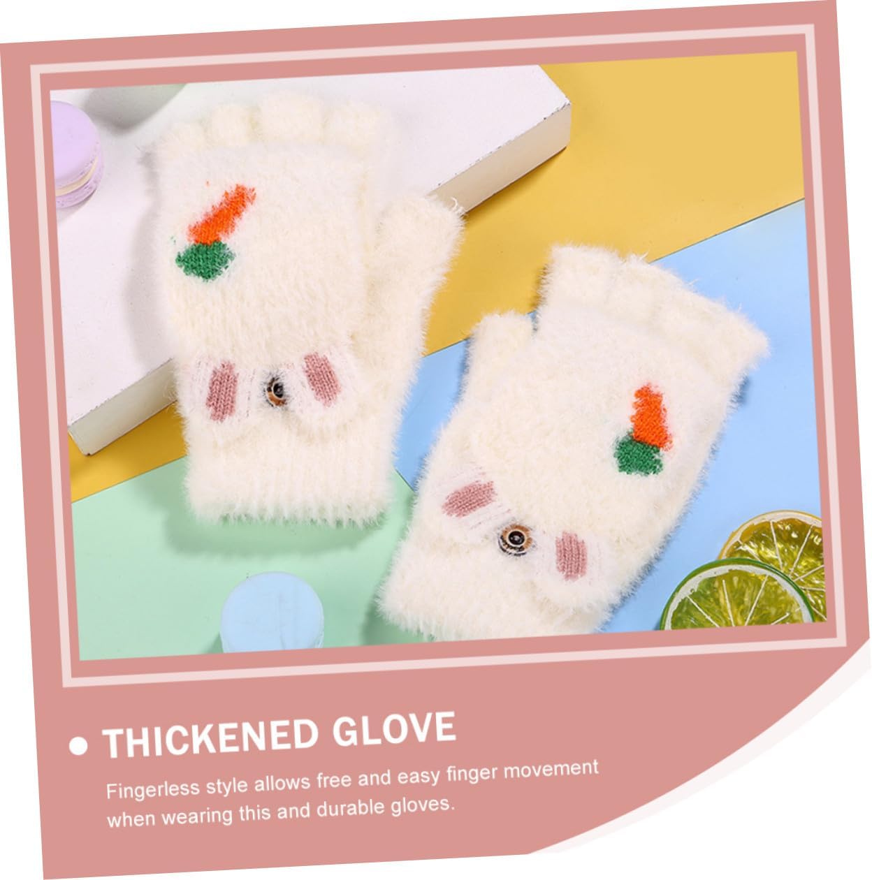 Thickened Half Finger Gloves with Cartoon Carrot Flip Cover, Warm Convertible Fingerless Mittens, White Winter Gloves for Outdoor Play
