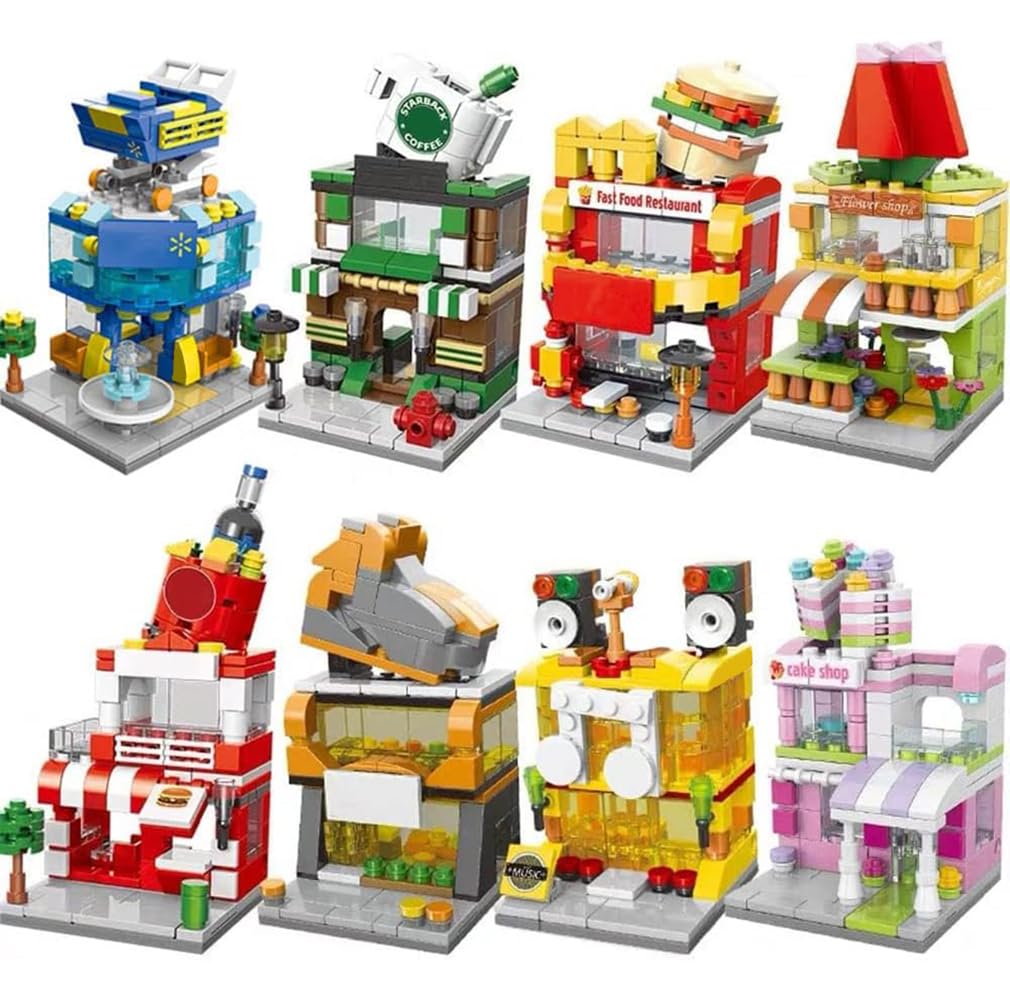 8 Packs Mini City Street View Building Blocks Set Architecture House Hamburger Store Coffee Shoe Store Cake Flower Shop,Girls Toy Set, Birthday Gifts for 6-12Years Old (1439PCS)