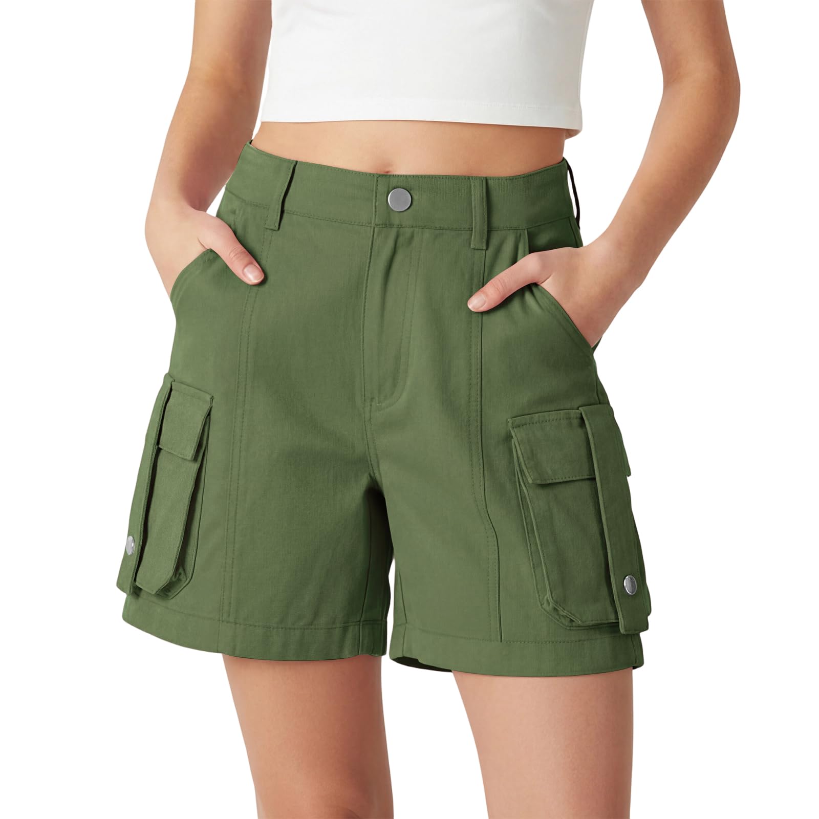 Rolanko Pantalones Cortos Cargo para Niñas, Algodón Ligero con Cintura Semi Elástica, Shorts Uniformes de Verano