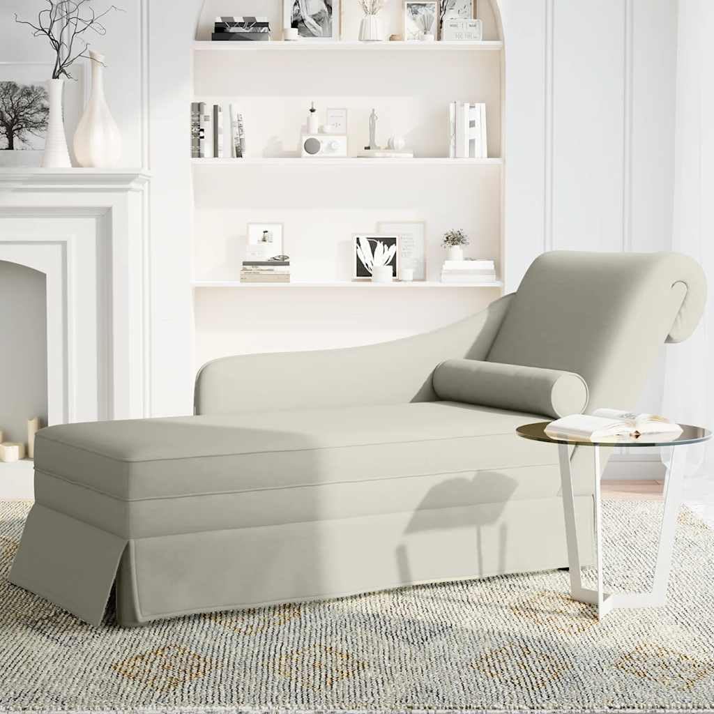 Chaise longue in velluto con bracciolo destro e cuscino cervicale, color crema, comoda superficie di riposo con schiuma altamente elastica per soggiorno, camera da letto o ufficio