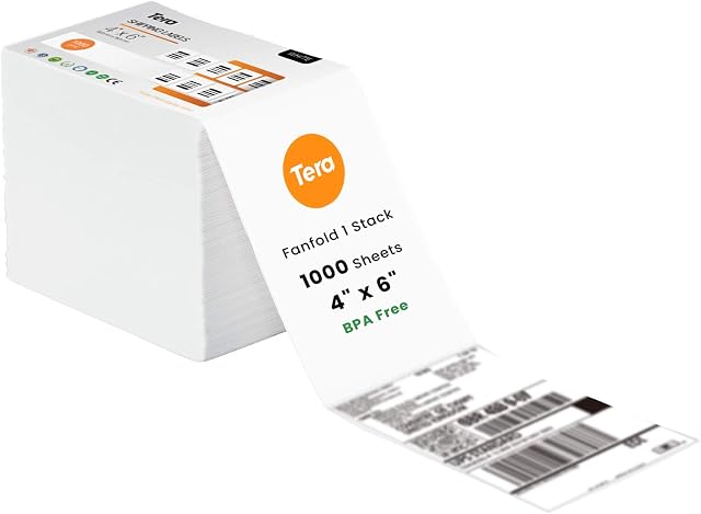 Tera BA0003 4"x6" Thermal Shipping Labels (Fanfold 1000 Labels/Stack) BPA Free Smudge Free Printing Fanfold Labels Compatible for Various Printers, Permanent Adhesive Address Labels