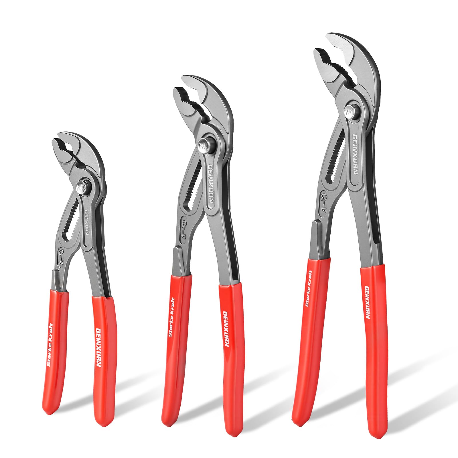 GEINXURN 180 mm/250 mm/300 mm Water Pump Pliers Set, 3PCS Groove Joint Pliers V-Jaw with Push-Lock, Fast Adjustable Slip Joint Pliers Set for Plumbing, Home Repair, and Pipe Fittings