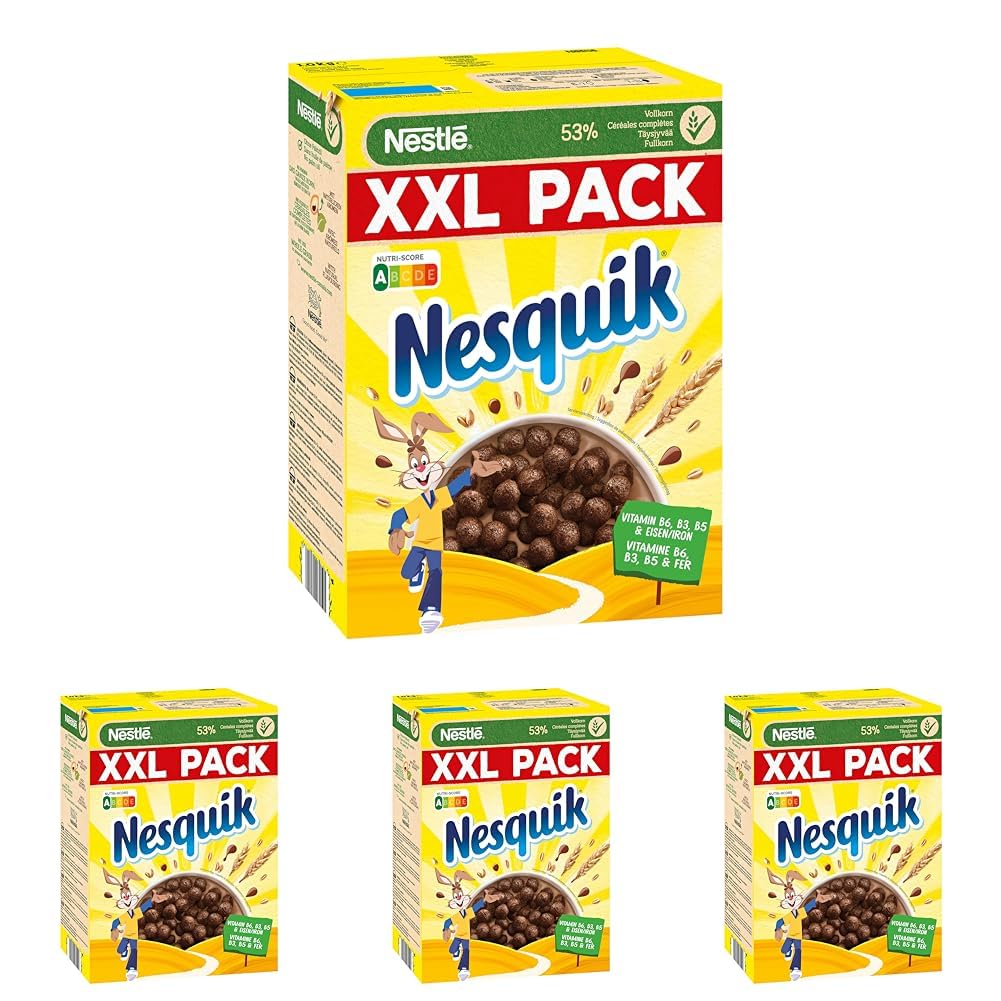 Nestlé Nesquik Knusper-Frühstück, Schoko Cerealien mit Vollkorn, 4er Pack (1x1kg)