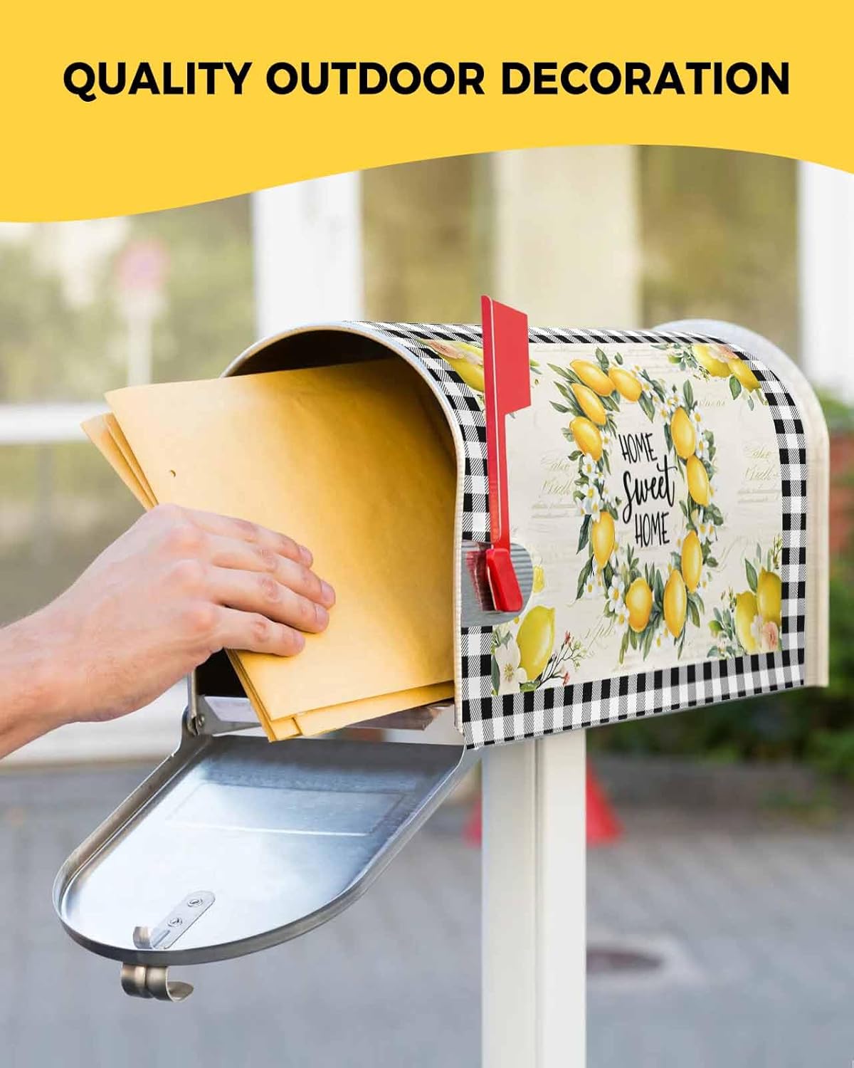 QueenKer Summer Lemon Mailbox Covers Magnetic Oversize 21" x 25.5" Black and White Plaids Replaceable Post Wraps Letter Box Cover Welcoming Outdoor Decoration for Yard Patio Garden