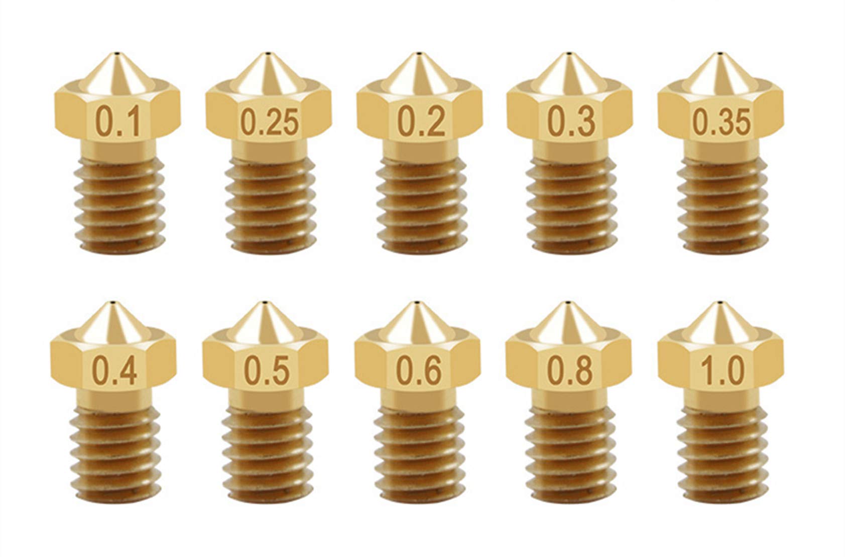 10 Pcs 3D Printer Nozzles MK8 Nozzle, Extruder Print Head for 3D Printer 1.75mm Makerbot Creality CR-10, 10 Different Size 0.1/0.2/0.25/0.3/0.35/0.4/0.5/0.6/0.8/1.0mm (1.75mm Input)