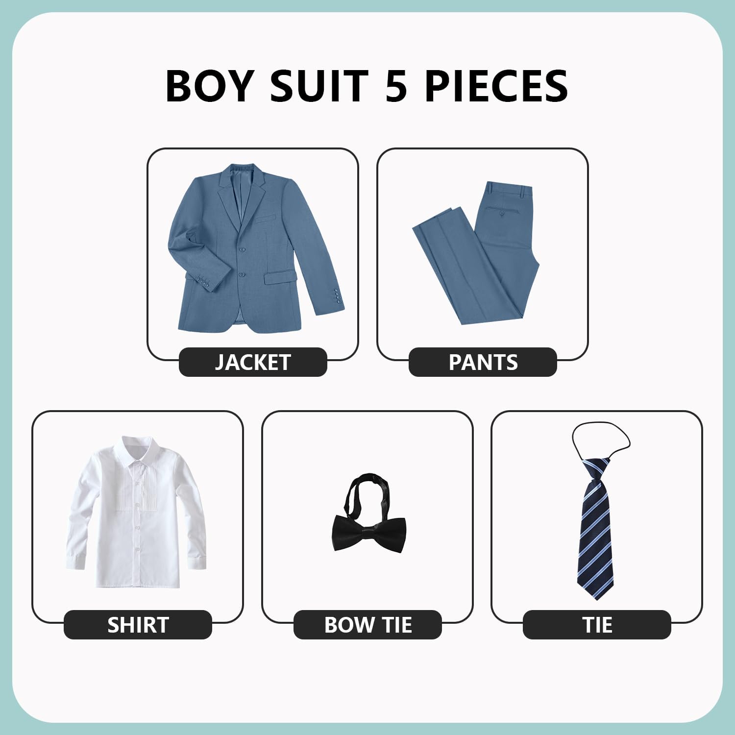 JPF Boys Formal Suits Slim Fit 5 Piece Kids Suit Jacket Pants Set with Dress Shirt and Tie for Wedding Prom - Image 2