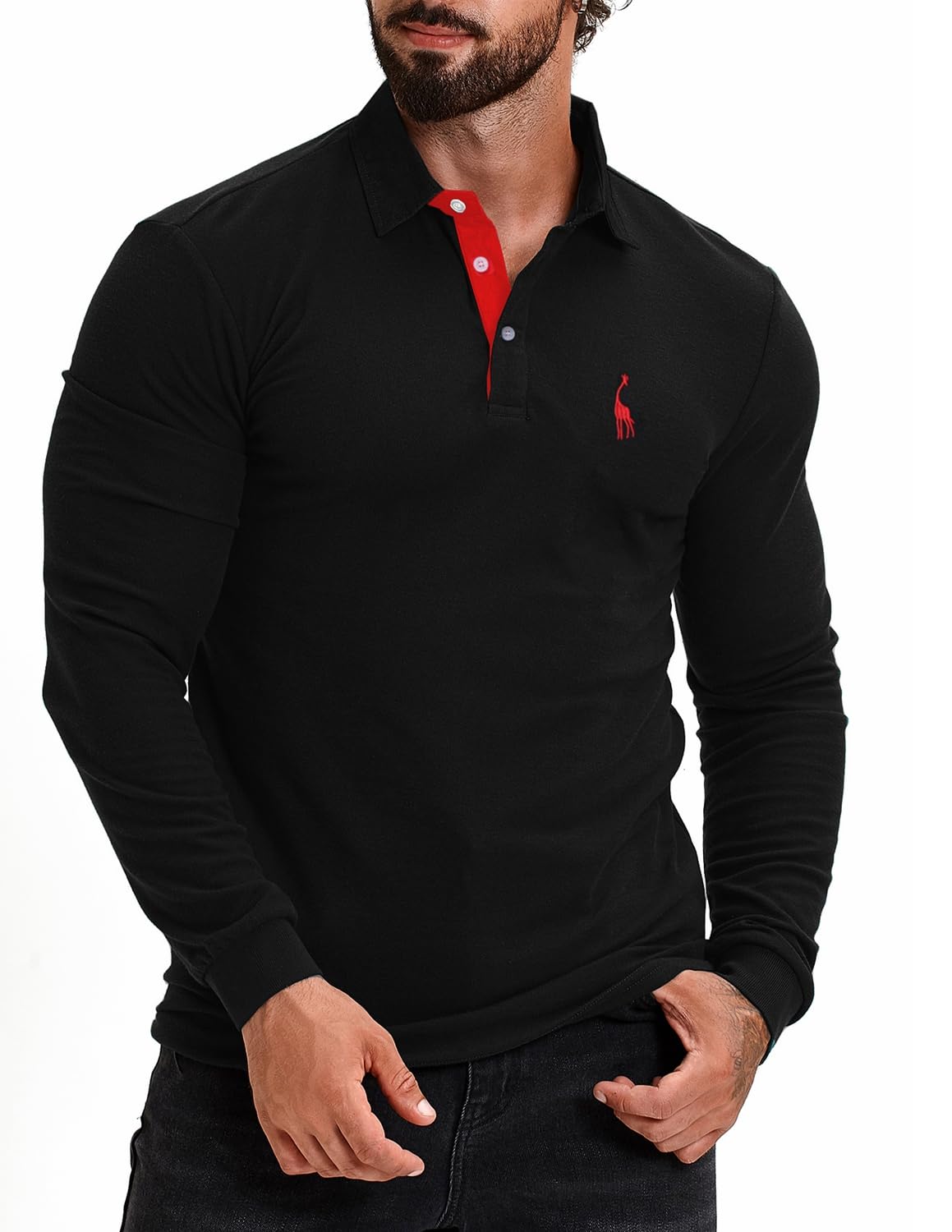KUNJLELP 100% Cotone Polo da Uomo Manica Lunga Ricamo di Giraffa Maglietta Uniformi Polo da Lavoro per l'autunno e l'inverno