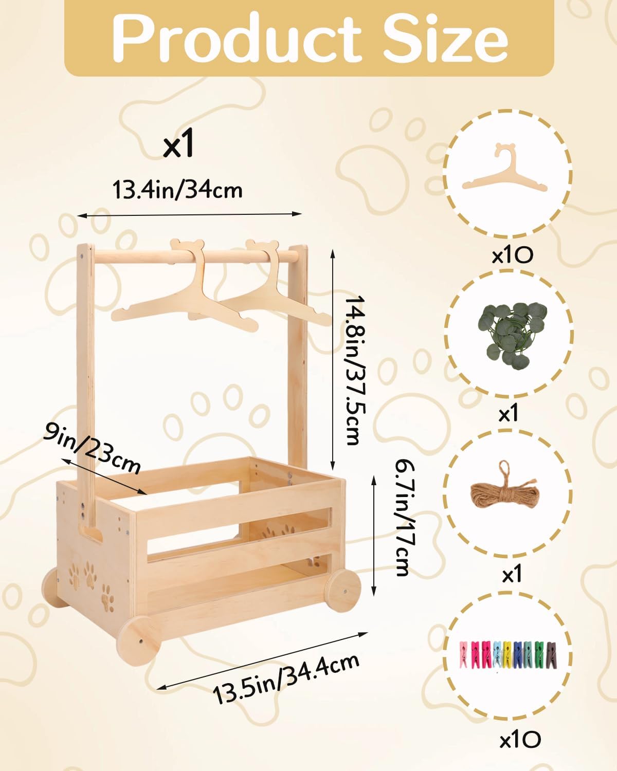 Wooden Dog Closet Pet Wardrobe Organizer, 20 x 13 x 9 Inch Pet Clothes Storage Crate with Hanging Rack, 10 Hangers, Rope & Clips for Dog Puppy Cat Toys Clothes Accessories