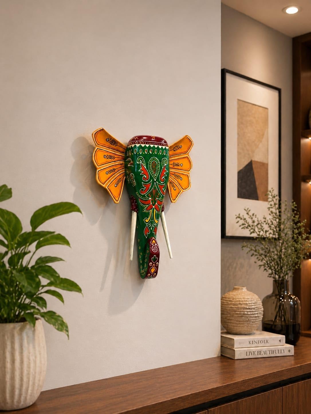 JGARTS Wooden Elephant Head Statue, Wall Hanging Animal Face, Handicraft Mask, Figurine, Home Decor, Boho Indian Art (green)
