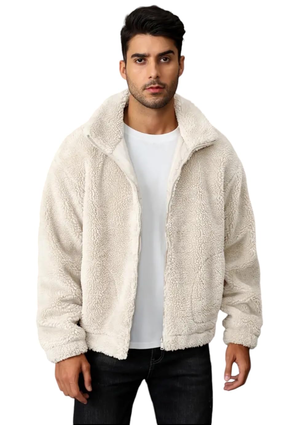 be savage Solid Sherpa Oversized Jacket Woolen Long Sleeves Zipper Hoodie for Men's-picture-18