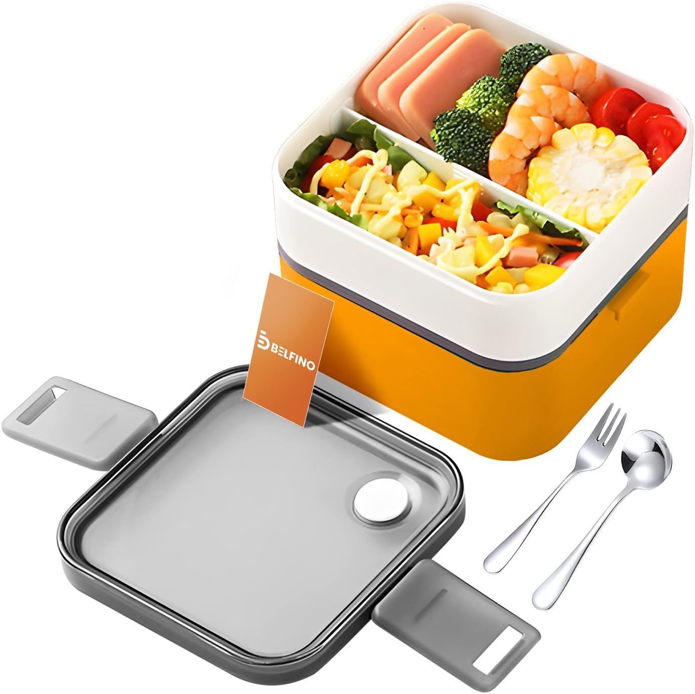 UAE Bento Set of Lunch Box with Bag, 2 Layer Leakproof Stackable Boxes with Divider, 1370ml Japanese Style Container, Lunch Bag, and Utensils - Orange