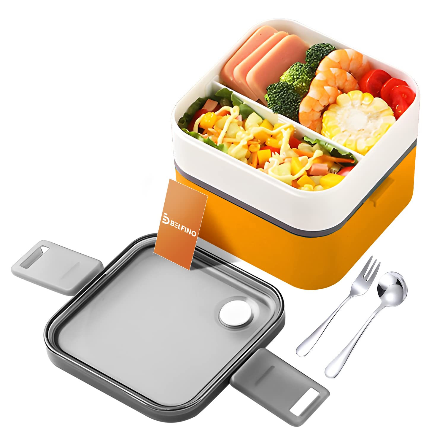UAE Bento Set of Lunch Box with Bag, 2 Layer Leakproof Stackable Boxes with Divider, 1370ml Japanese Style Container, Lunch Bag, and Utensils - Orange