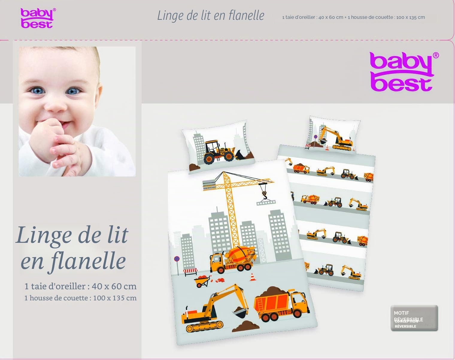 Herding BABY BEST Parure de Lit Pour Tout-Petits, Jana Chantier de Construction, Housse de Couette 100 x 135 cm, Taie D'oreiller 40 x 60 cm, Flanelle