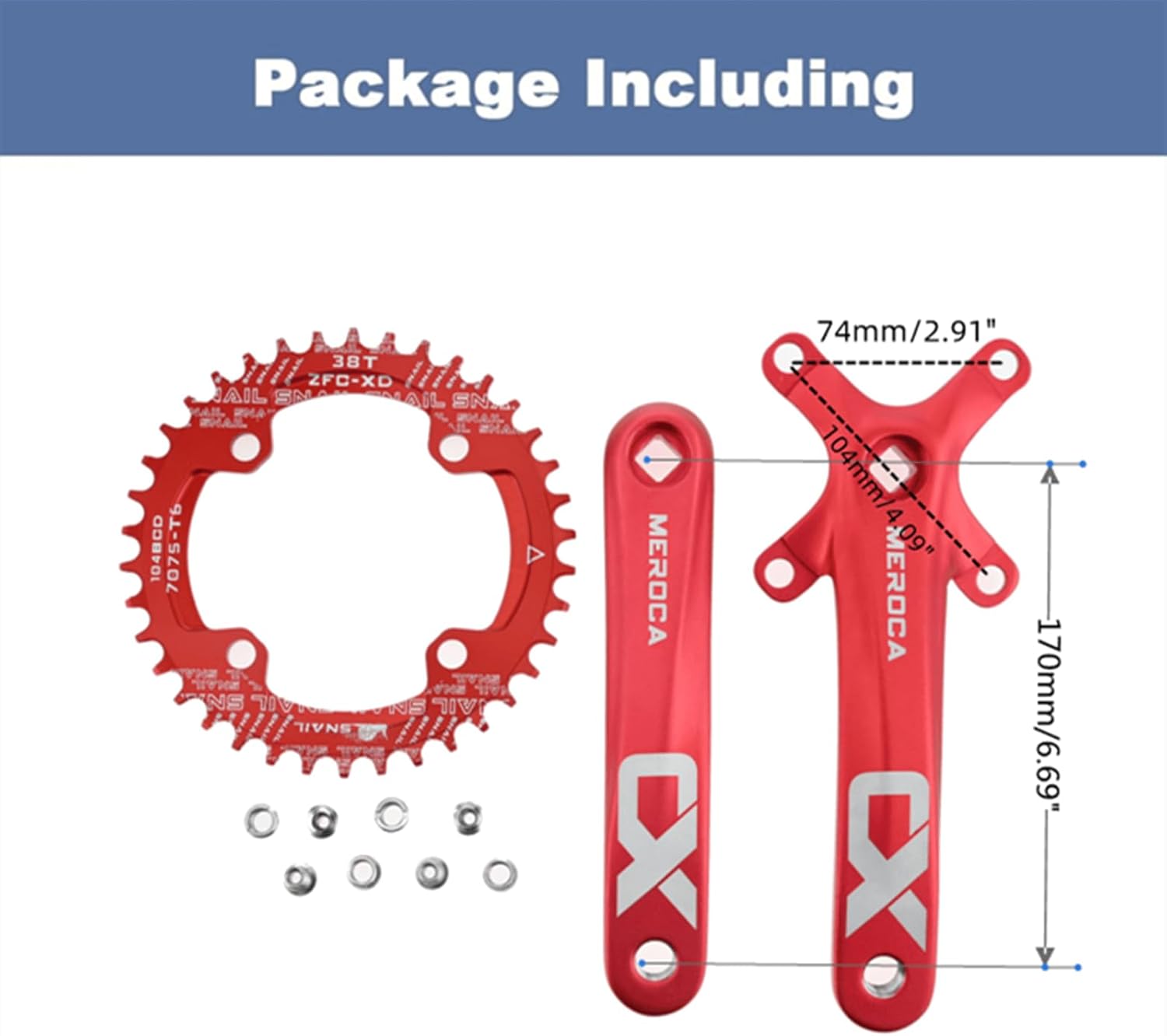 Square Taper Crankset MTB, Mountain Bike Single Speed Crankset, Bicycle Crank Arm Set 170mm 104BCD, Chainring & Bolts, Red