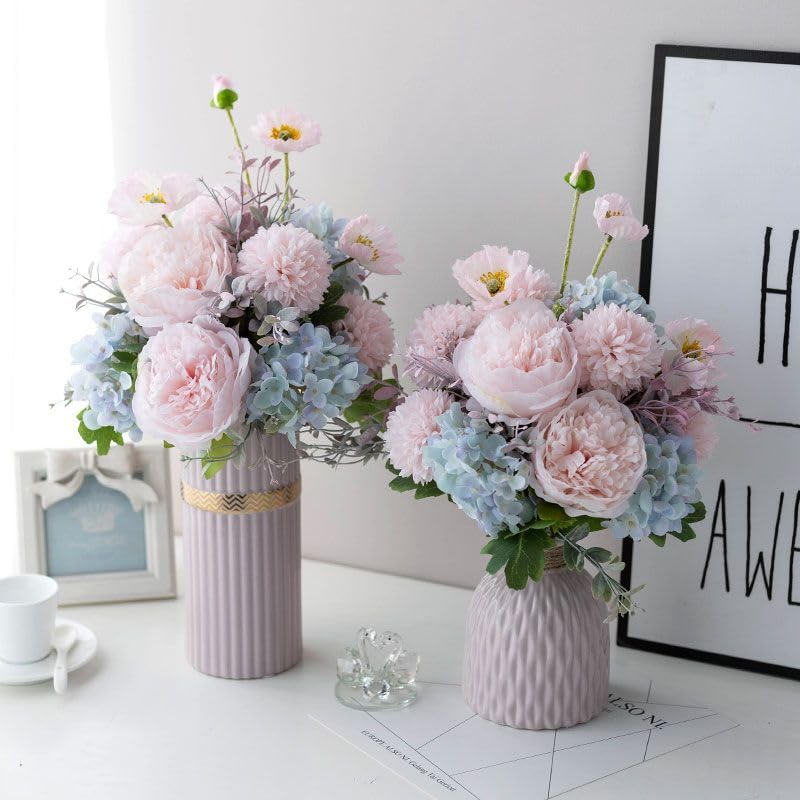 Jarrón de cerámica rosa con flores de seda artificiales para decoración de salón 2