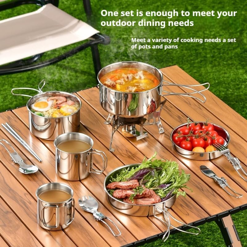 Image of 7 Piece Camp Cooking Set, 304 Stainless Steel Camping Cookware with Pot and Frying Pan Kit 2 Set Plastic Cups for Camping, Backpacking, Outdoor Cooking and Picnic