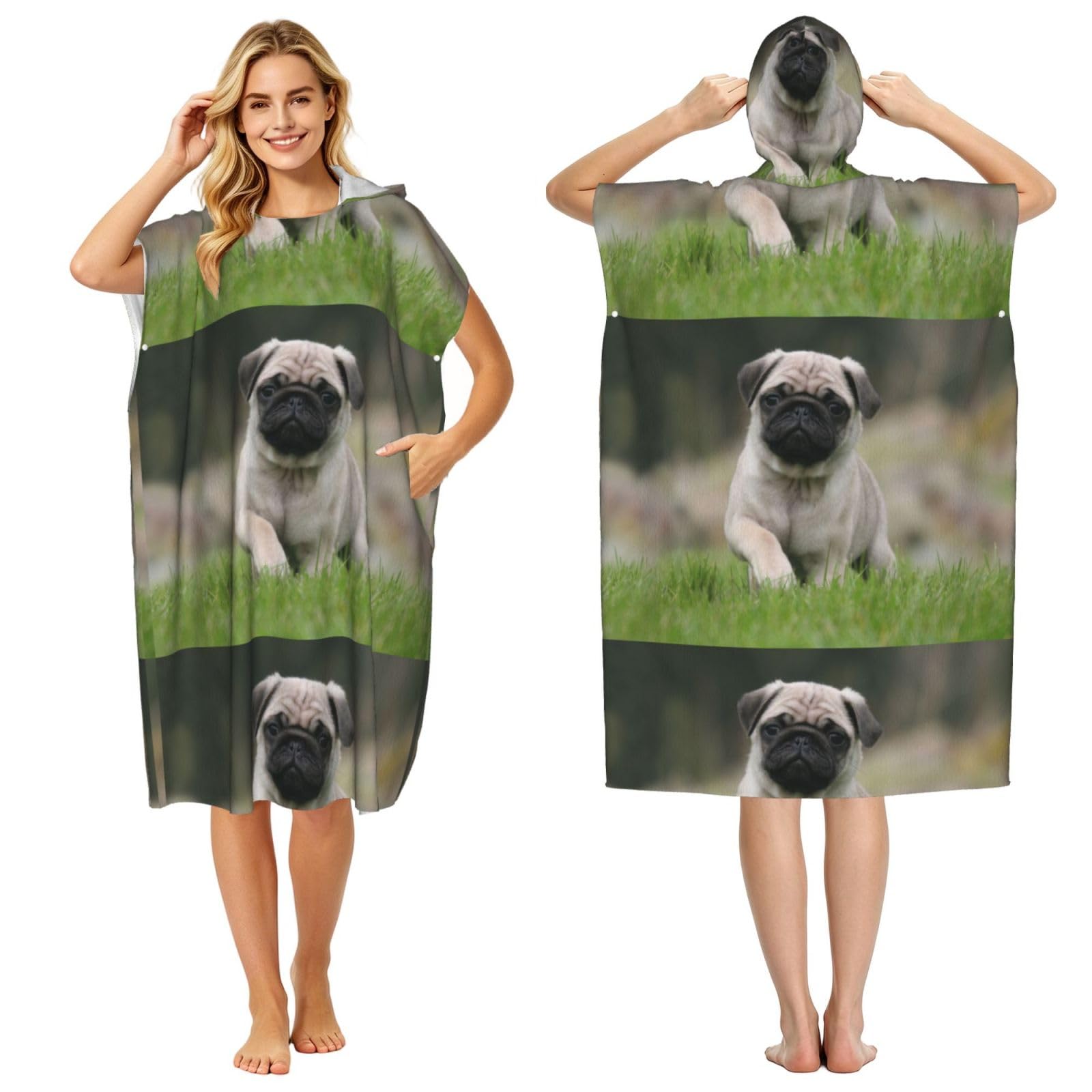 Pug Bokeh Puppy Dogs Lawn Pets Pug, Adult Hooded Beach Towel 90 x 110 cm,Changing Bath Robe, Surf Poncho Towel For Women Men