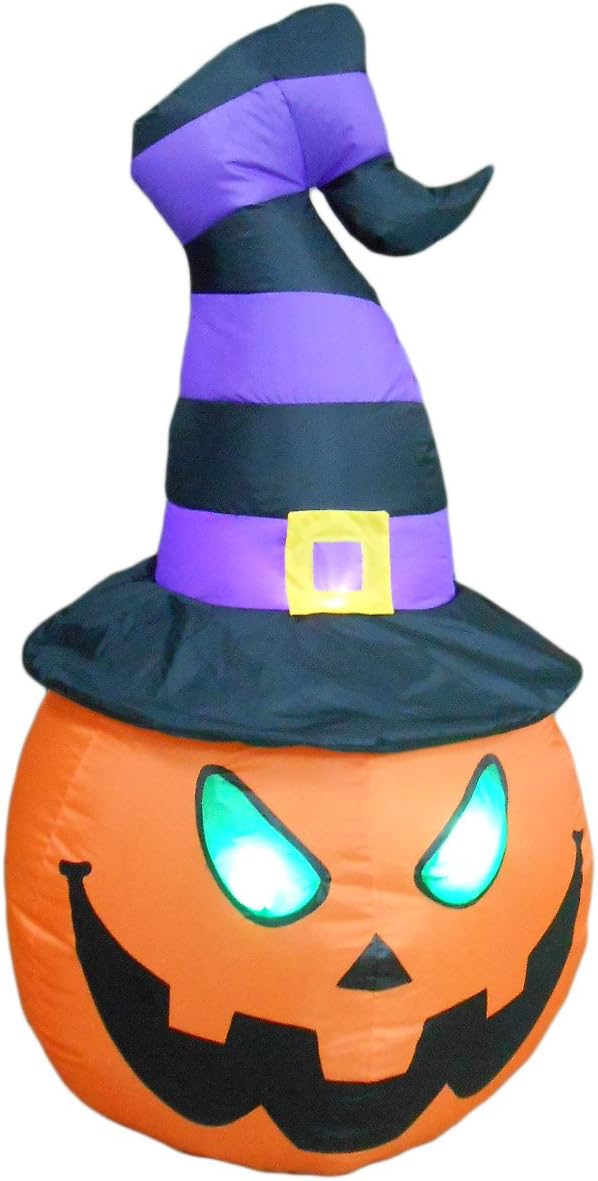 4 FT Tall Lighted Halloween Inflatable Pumpkin with Witch Hat LED Lights Decor Outdoor Indoor Holiday Decorations, Blow up Lighted Yard Decor, Giant Lawn Inflatables Home Family Outside