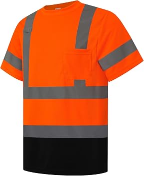 Hi Vis Shirts for Men, High Visibility Shirt, Safety Reflective Work Shirts for Men Women, Construction Class 3 Short Sleeve Work Shirts with Black Bottom, Orange-Black,XL