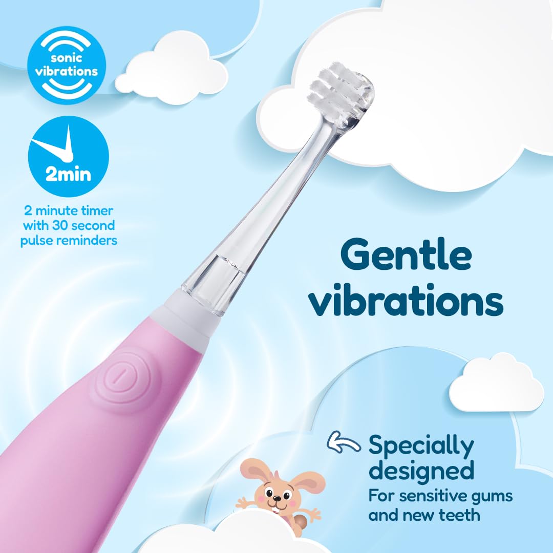 Brush-Baby - BabySonic - Spazzolino elettrico rosa, 0-36 mesi, morbido e delicato, per gengive sensibili e denti nuovi, con luce LED e base di aspirazione, testine per neonati e bambini