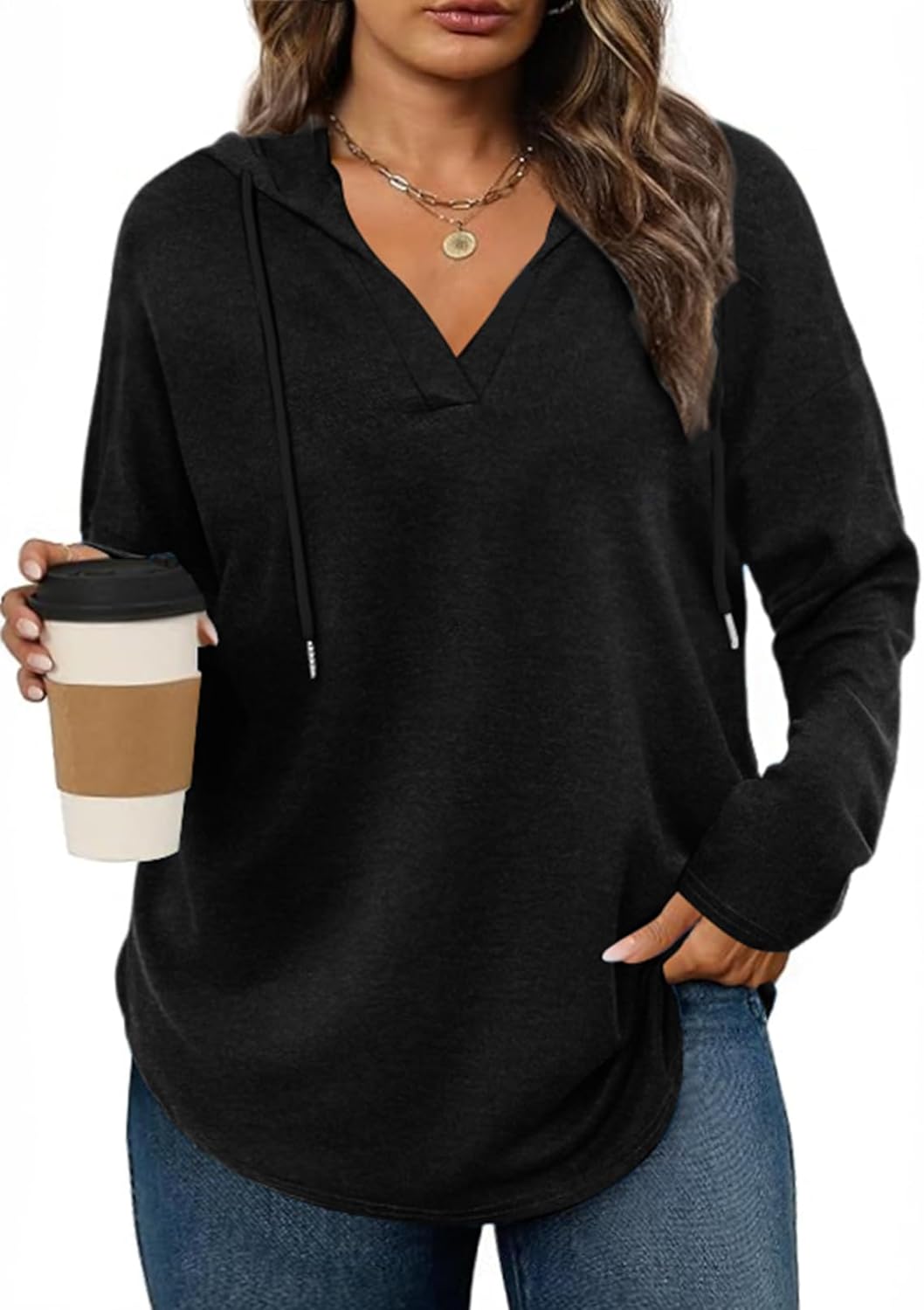 Eytino Plus Size Sweatshirts for Women Long Sleeve V Neck Drawstring Pullover Hoodies Tops(1X-5X)