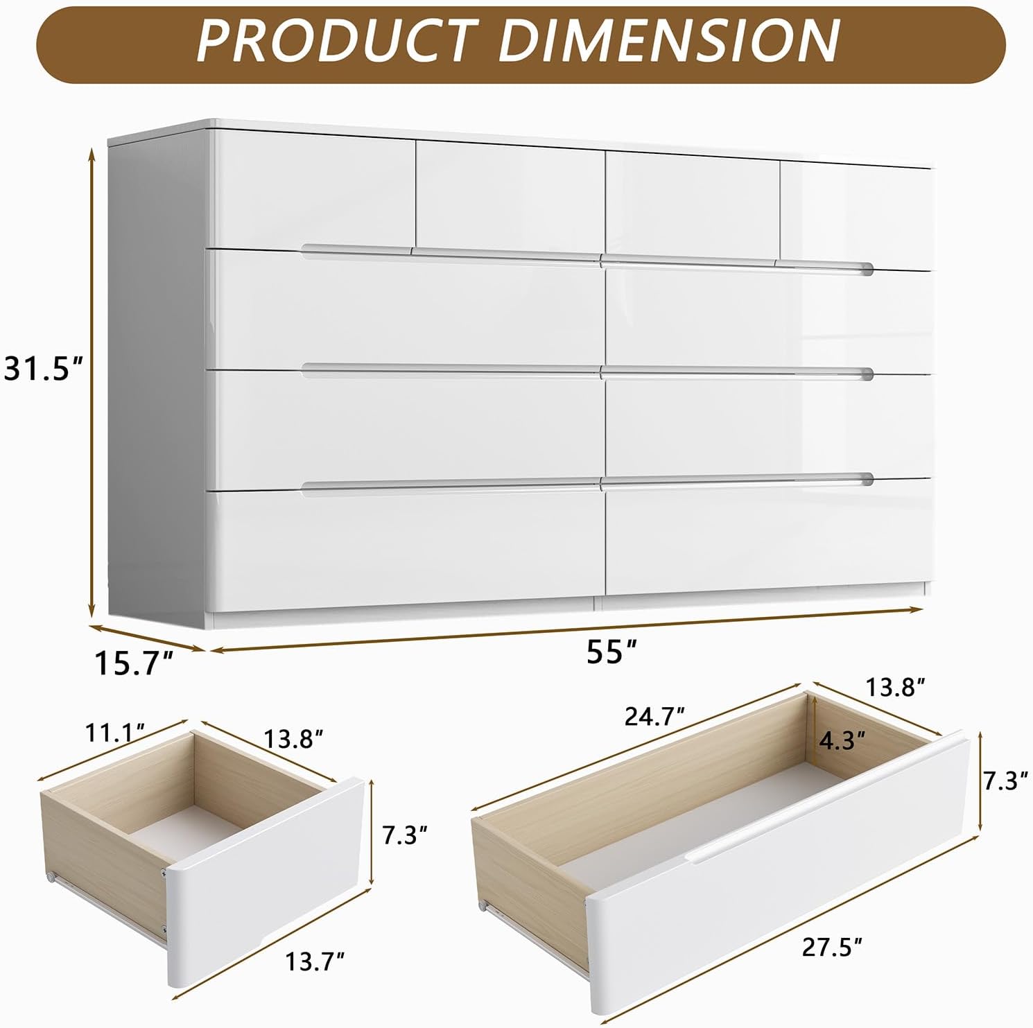 10 Drawer White Dresser for Bedroom, 55" Long Dresser Chest of Drawers, Large High Gloss Modern Storage Cabinet with Big Drawers Handle Free, Living Room, Entryway, Hallway - Image 2