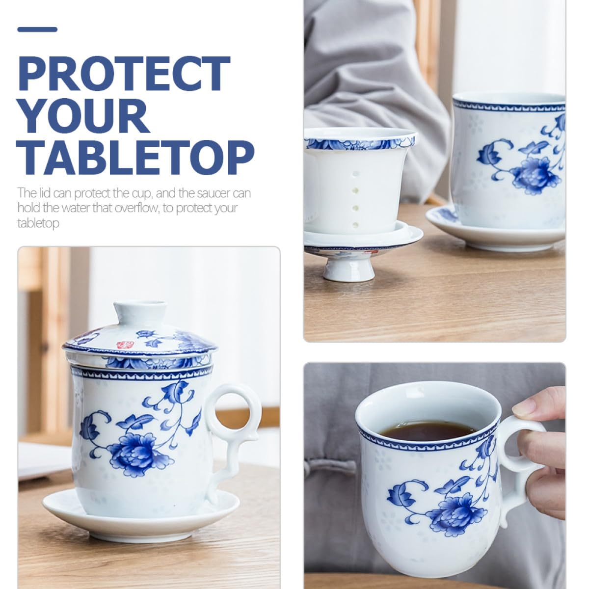 Abaodam Juego de Taza de Té Tradicional China de Cerámica Tapa y Filtro, Set de 4 Piezas Adecuado para Hotel y Restaurante