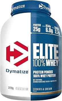 Dymatize Elite 100% Whey Cookies & Cream 2170g - High Protein Low Sugar Powder + Whey Protein and BCAAs