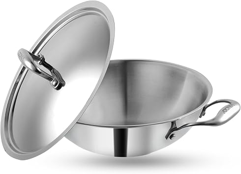 Vinod Platinum Triply Stainless Steel Kadai with Lid   1.8L, 22 cm | 3 Layer SS Cookware Wok | Deep Cooking Pot for Sauteing & Curries | Gas & Induction Friendly | Heavy Bottom | Sturdy Handles