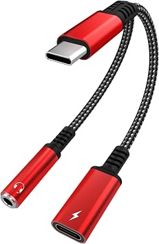 USB Type C to 3.5mm Headphone and Charger Adapter, 2 in 1 Type C to Aux Audio Jack Hi-Res DAC and PD Fast Charge Dongle Cable Compatible with Most Type-C Model Red