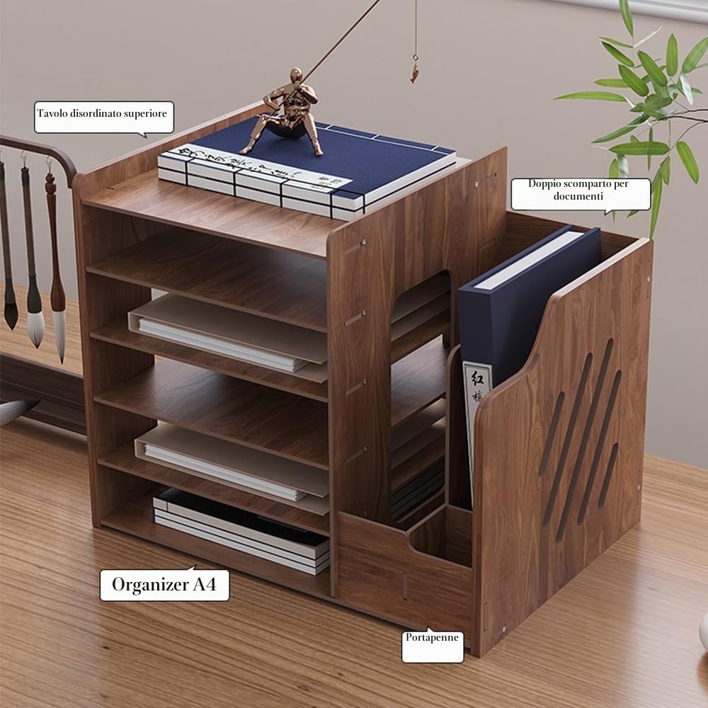Hggzeg Organizer da scrivania in legno, grande capacità, organizer per documenti formato A4, organizer per ufficio fai da te, per casa, ufficio e scuola (JB07 legno di noce)