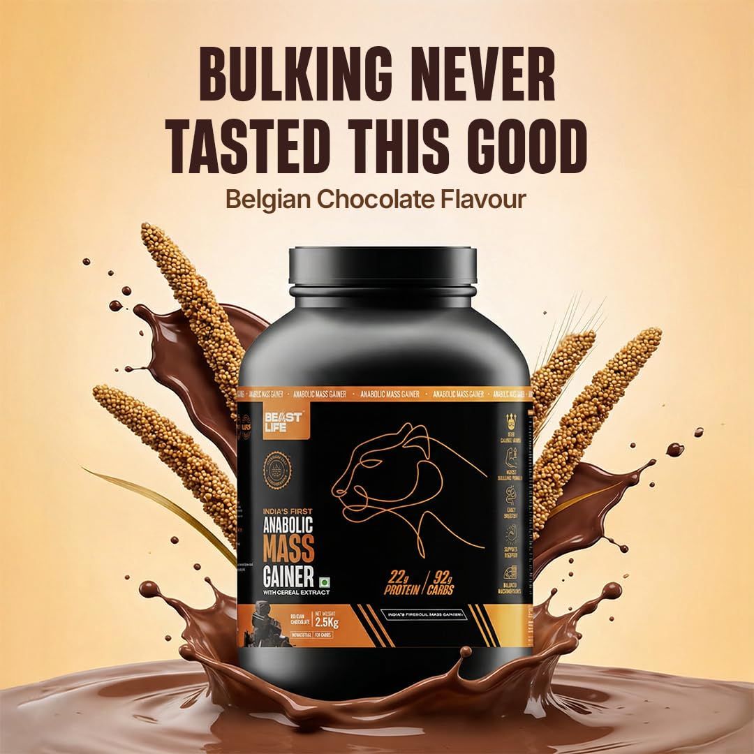 BeastLife High Protein Mass/Weight Gainer | 2.5 KG | Belgian Chocolate | NABL LAB Tested | For Muscle Gain & Fast Growth | Cereal-Based Formula, No Maltodextrin | India's #1 Cereal Based Bulk Gainer — Amazon image 2