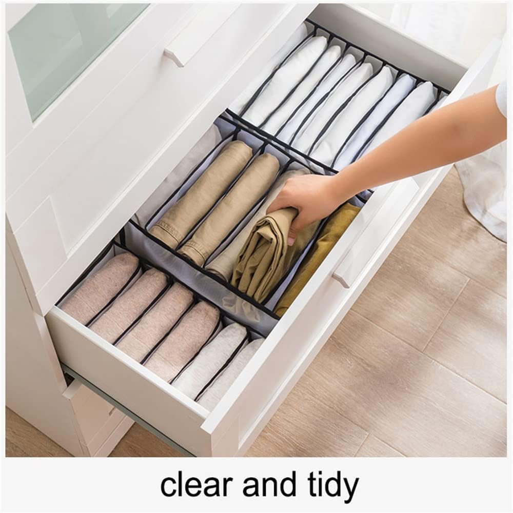 VINMEN Wardrobe Clothes Organizer for Jeans 2PCS Washable Compartment Storage Box,Foldable Closet Drawer Organizer Clothes Drawer Mesh Separation Box, Black
