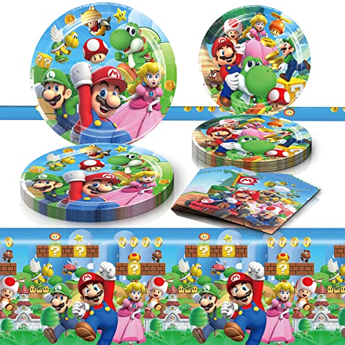 Mario Birthday Party Supplies 20 Plates 20 Napkins and 1 Tablecover for Mario Party Supplies Mario Theme Party Decorations