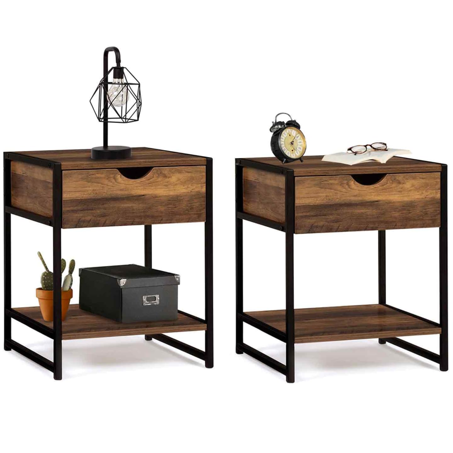 IDMarket - Lot de 2 Tables de Chevet Hawkins 1 tiroir avec Tablette Bois foncé Design Industriel