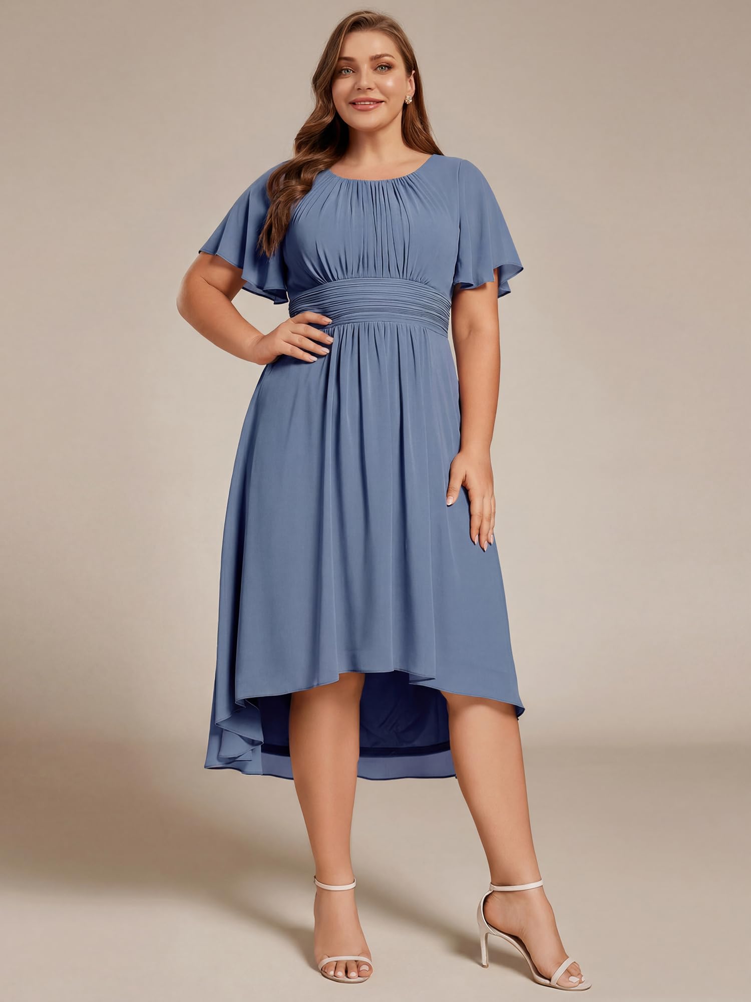 Ever-Pretty A Line Curvy Girocollo Maniche Corte Pieghe Plus Size Alto Basso Abiti da sposa 02053-DA, Blu marino polveroso., 50