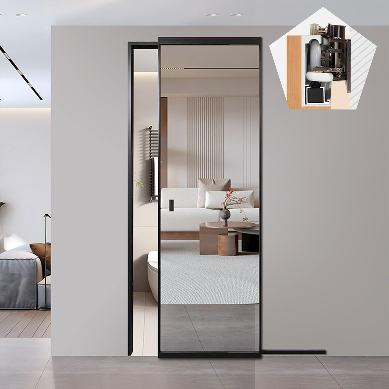 ZykuosDC Concealed Sliding Mirror Door Hardware, Ghost Trackless with Soft Close Mechanism, ing Wardrobe Closet Track 81-180cm Long(132cm/52in)