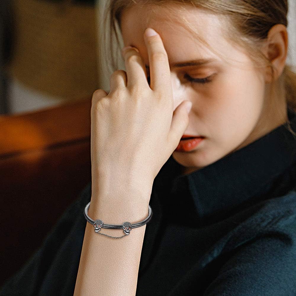 GNOCE Black Skull Charm Bracelet with Safety Chain Sterling Silver Snake Chain Because I Love You Basic Charm Bangle with Round Clasp