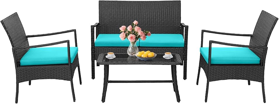 HAPPYGRILL 4 Pieces Patio Wicker Furniture Set PE Wicker Conversation Set, Rattan Sofa Chair with Cushions Tempered Glass Coffee Table, Outdoor Sectional Bistro Set for Poolside Backyard Lawn Garden