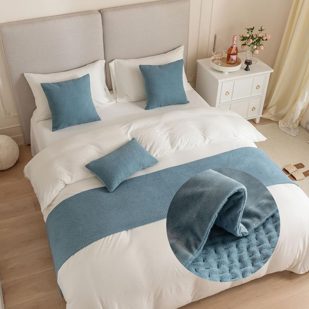 GOFOHIMI Jacquard Bed Runners and Matching Cushion Cover, Reversible Bed Runners Scarves Home Decoration Hotel Bedding Bed Towel Bedroom Bedspread Protection (45x210cm(Bed Runners),grey blue)