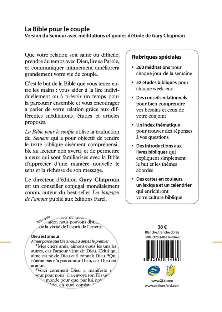 La Bible pour le couple. Version du Semeur. Méditations et guides d’étude de Gary Chapman. Couverture Rigide Blanche, Tranche Dorée