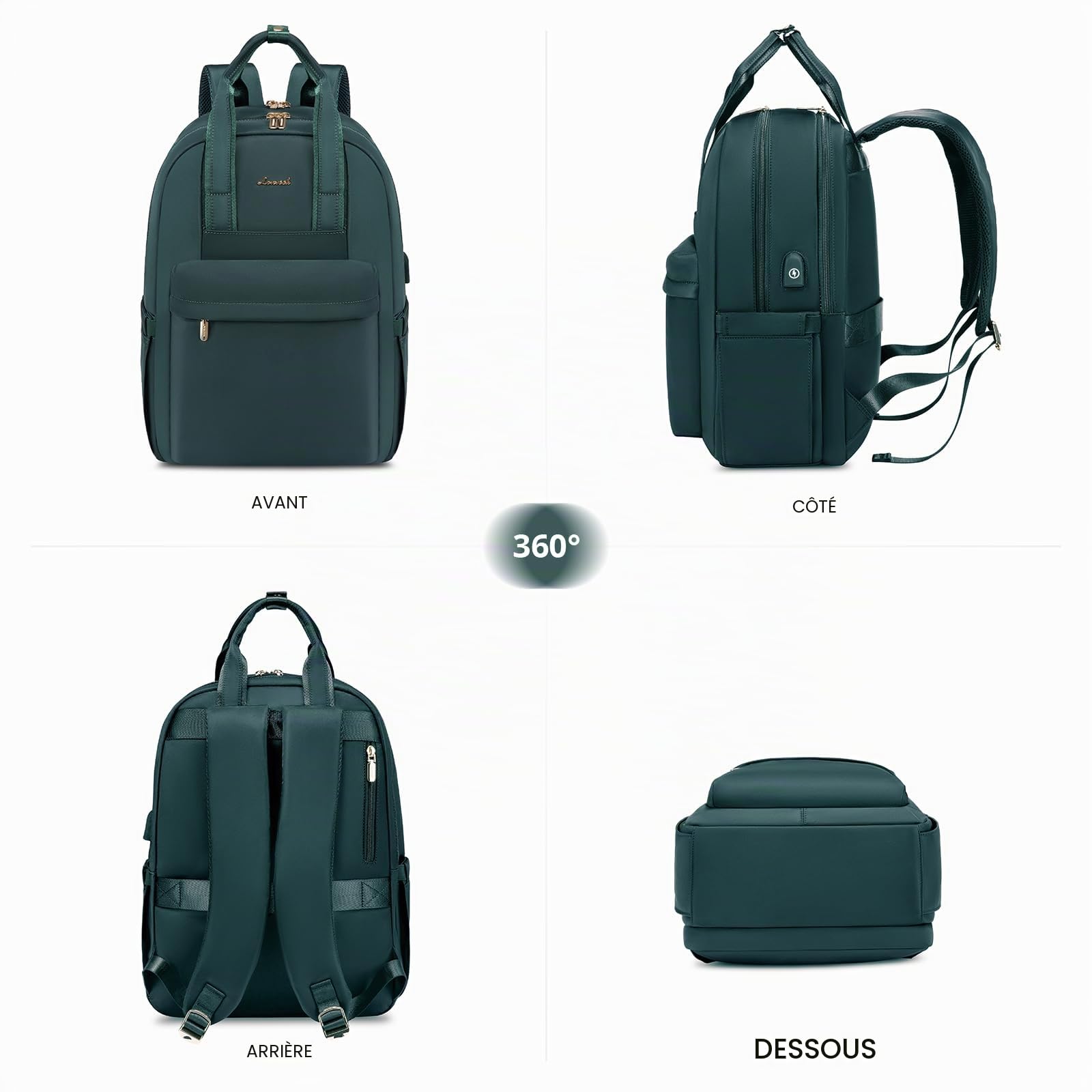 LOVEVOOK Sac à dos pour femme avec compartiment pour ordinateur portable - Étanche - Sac à dos de voyage élégant - Pour l'université, le bureau, les voyages, Vert foncé, 15.6 inches, Décontracté
