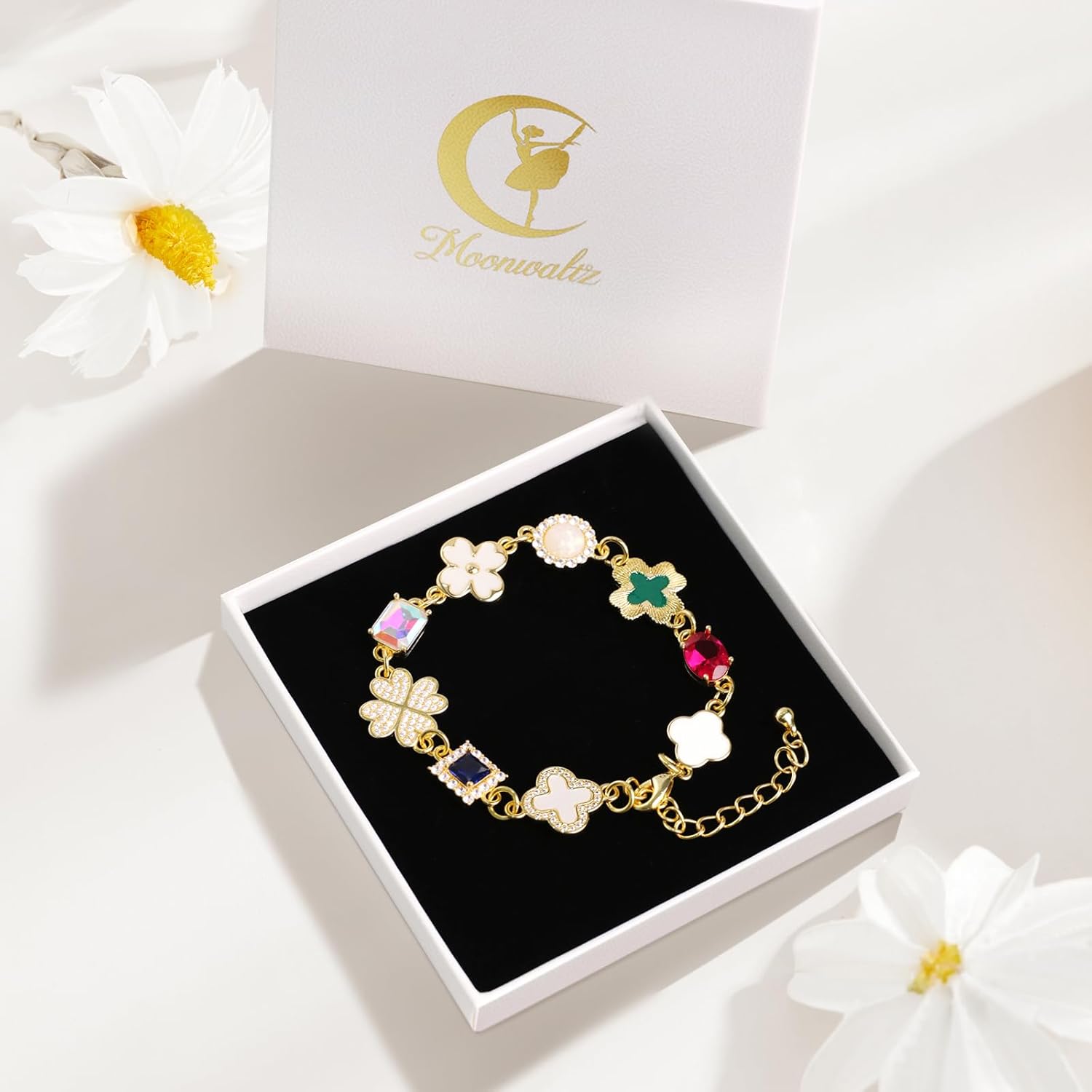 Gold Clover Charm Link Bracelet for Women Elegant Mother of Pearl Lucky Four Leaf Clover Bracelet Cute Colorful Rhinestone Clover Pendant Bracelet Adjustable Link Chain Trendy Party Jewelry Gift - Image 9